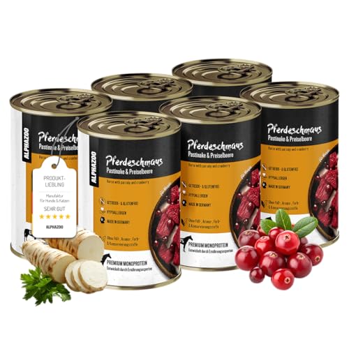 alphazoo Hundefutter nass Pferd 6 x 400 g I Premium Nassfutter für Hunde I Getreidefrei & mit hohem Fleischanteil I Pferdeschmaus Adult ohne Getreide und Zucker I Ausgewachsene Hunde & Welpen von alphazoo