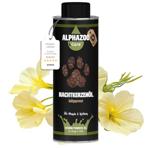 alphazoo Premium Nachtkerzenöl für Hunde & Katzen 250 ml I Natürliches Futteröl mit Omega-6 & Omega-9 Fettsäuren, kaltgepresst I Für glänzendes Fell von alphazoo