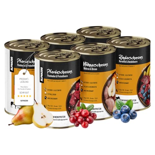 alphazoo Probierschmaus 6 x 400g für Hunde, Monoprotein getreidefrei, Hundefutter Nass, Nassfutter Probierpaket Rind, Huhn & Pferd, Ohne Getreide von alphazoo