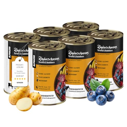 alphazoo Rinderschmaus 6 x 400g für Hunde, Monoprotein getreidefrei, Hundefutter Nass, Nassfutter Rind mit Kartoffel & Heidelbeere, Ohne Getreide von alphazoo