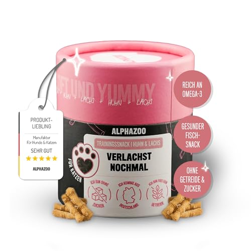 alphazoo Verlachst Nochmal 65g I Softe Leckerli Sticks Lachs + Huhn für Katzen I Extra fleischig, Getreidefrei, Zuckerfrei I Natürliche Katzensnacks I Gesunde Katzenleckerlies zur Belohnung I Snack von alphazoo