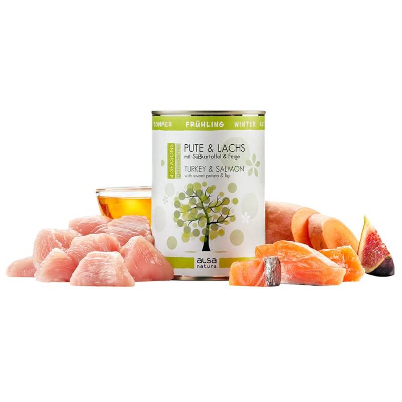 alsa-nature 4-SEASONS Frühlings-Menü Pute & Lachs mit Süßkartoffel und Feige, Anzahl: 12 x 400 g, 400 g, Hundefutter nass von alsa-nature