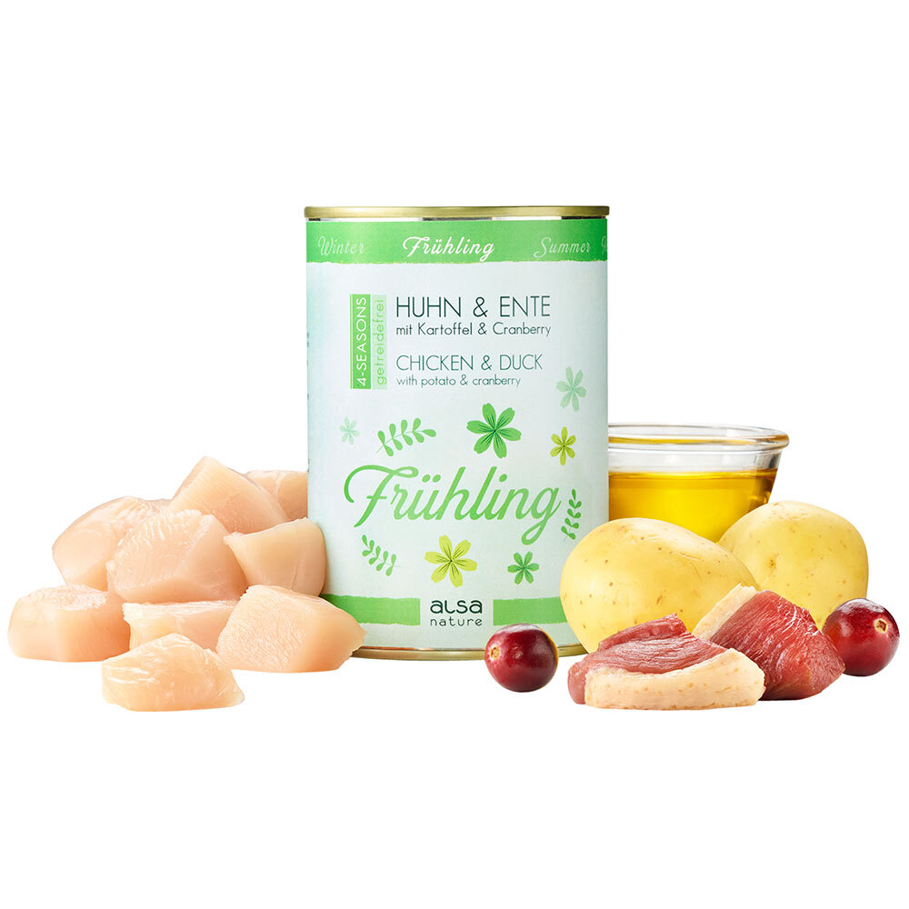 alsa-nature 4-SEASONS Frühlings-Menü mit Huhn & Ente mit Kartoffel und Cranberry, Anzahl: 400 g, 400 g, Hundefutter nass von alsa-nature