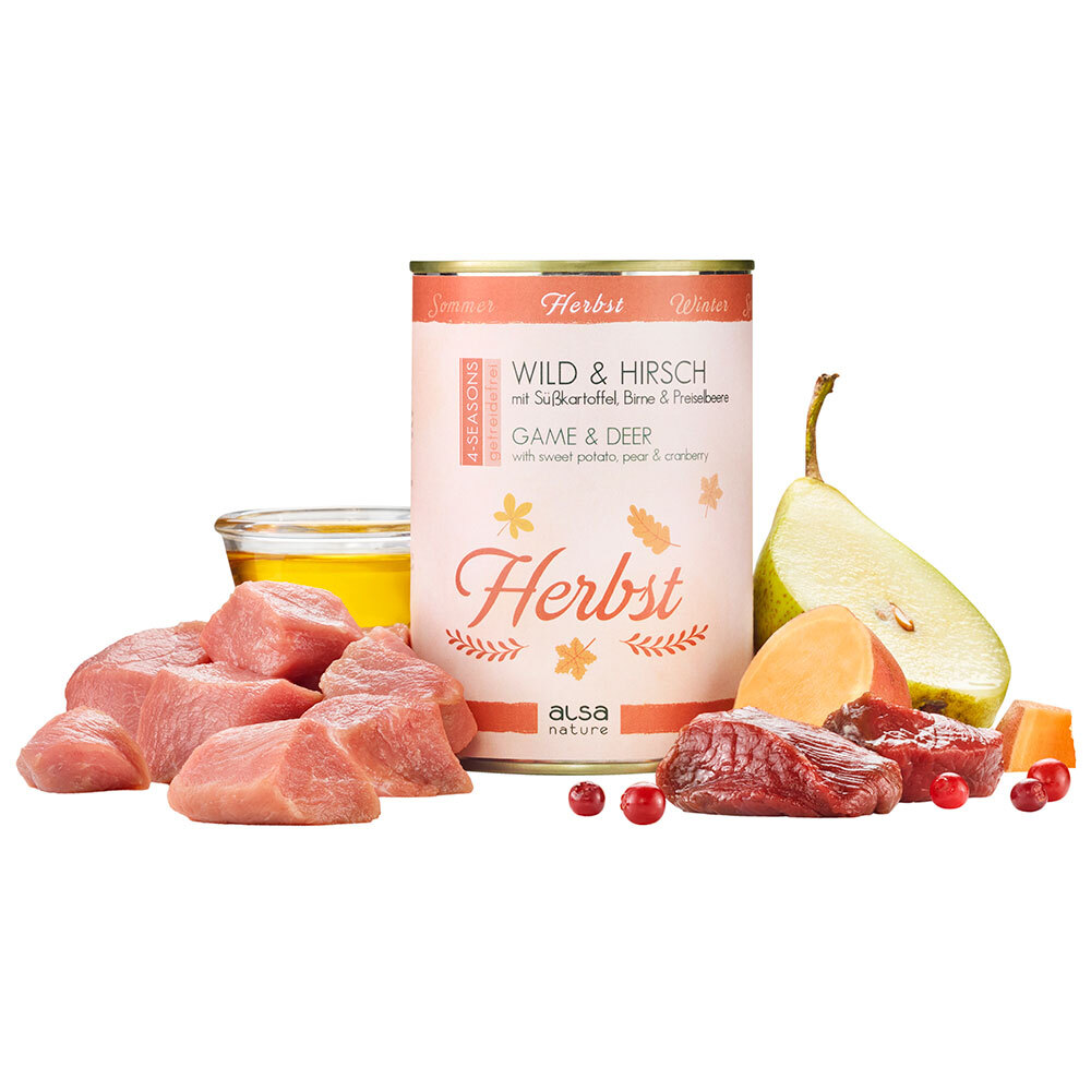 alsa-nature 4-SEASONS Herbst-Menü Wild & Hirsch mit Süßkartoffel, Anzahl: 12 x 400 g, 400 g, Hundefutter nass alsa-nature 4-SEASONS Herbst-Menü Wild & Hirsch mit Süßkartoffel, Anzahl: 12 x 400 g, 400 g, Hundefutter nass von alsa-nature