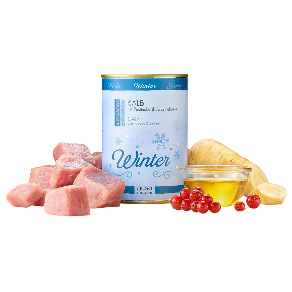 alsa-nature 4-SEASONS Winter-Menü Kalb mit Pastinake und Johannisbeere, Anzahl: 12 x 400 g, 400 g, Hundefutter nass von alsa-nature