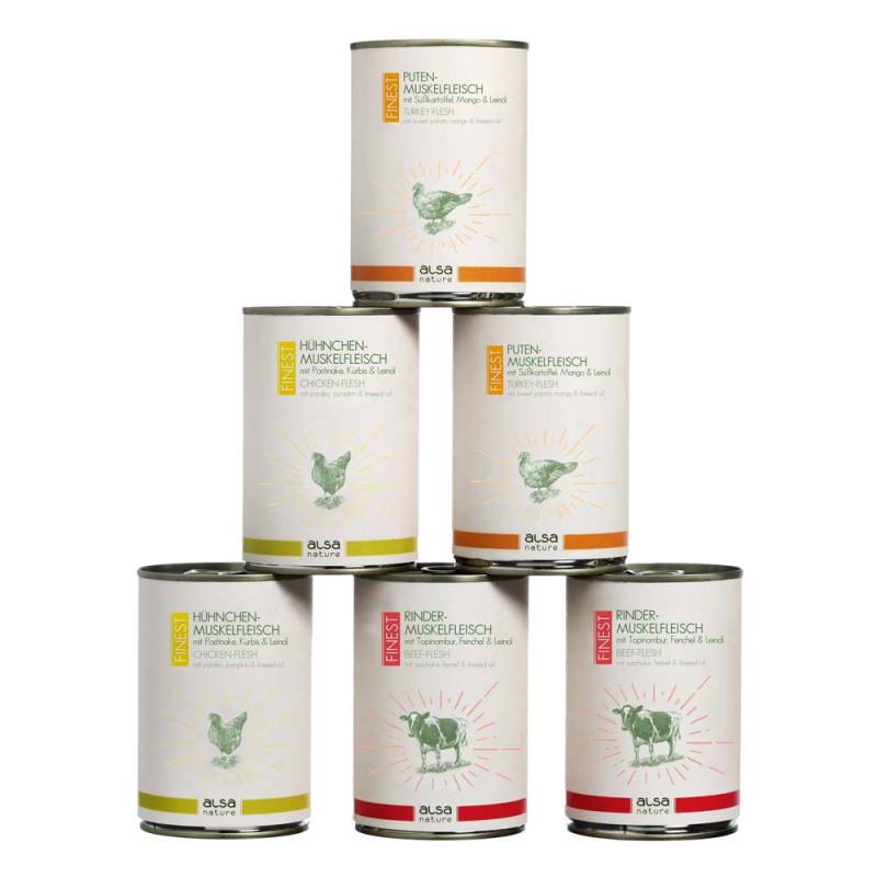 alsa-nature FINEST Muskelfleisch Dosen-Menü-Mix, Anzahl: 6 x 400 g, 400 g, Hundefutter nass von alsa-nature