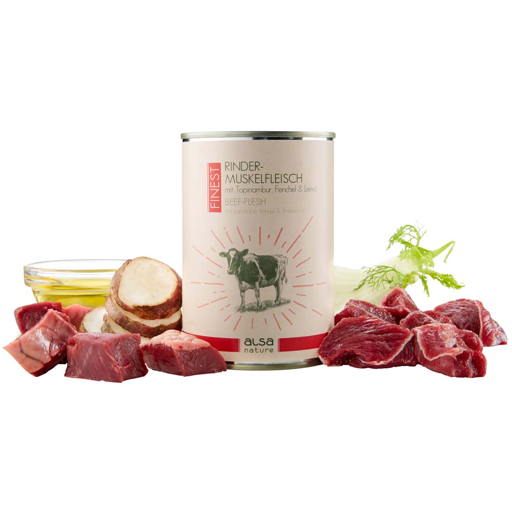 alsa-nature FINEST Rinder-Muskelfleisch mit Topinambur, Fenchel & Leinöl, Anzahl: 12 x 400 g, 400 g, Hundefutter nass von alsa-nature