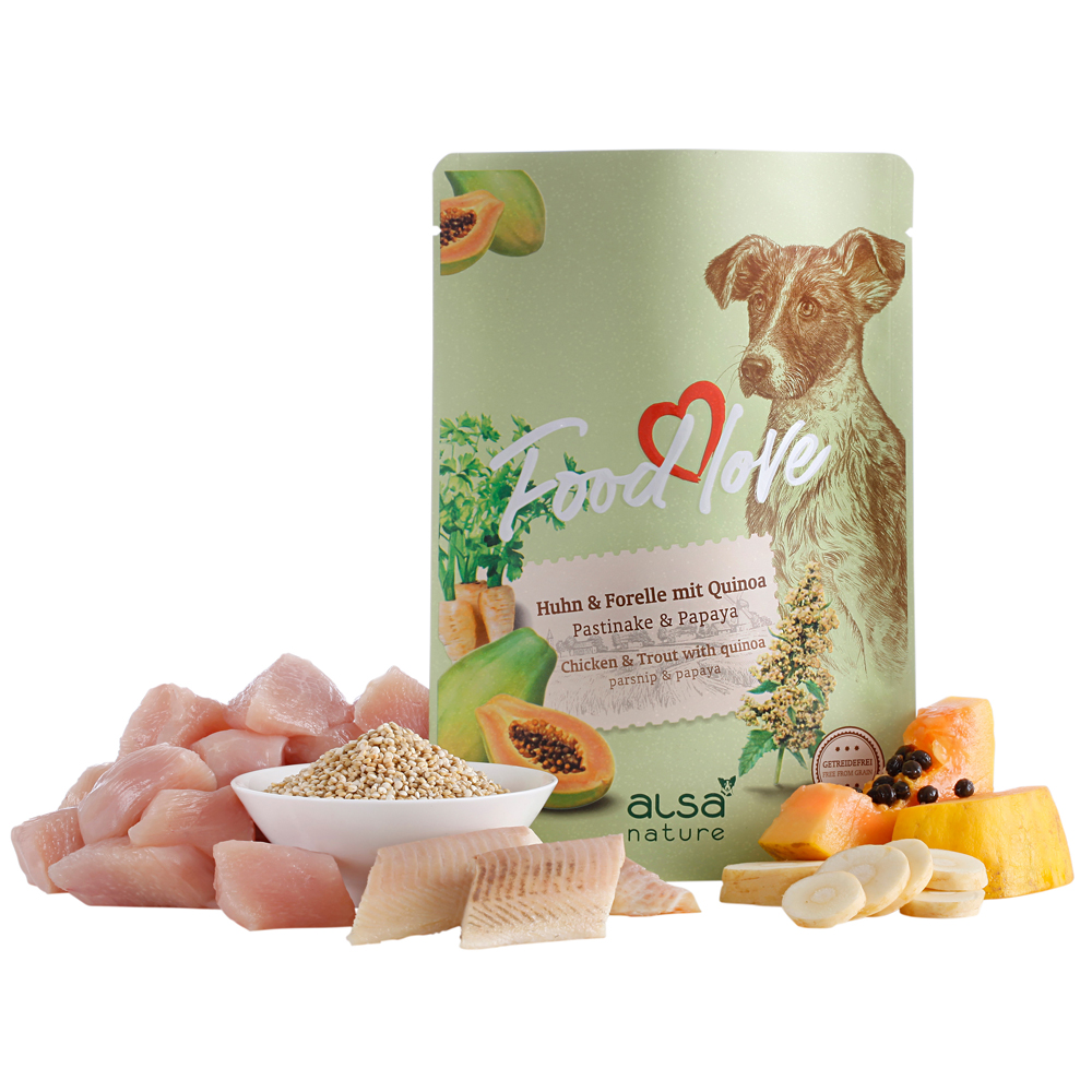 alsa-nature FOODLOVE Huhn & Forelle mit Quinoa, Pastinake & Papaya, Anzahl: 120 x 300 g, 300 g, Hundefutter von alsa-nature