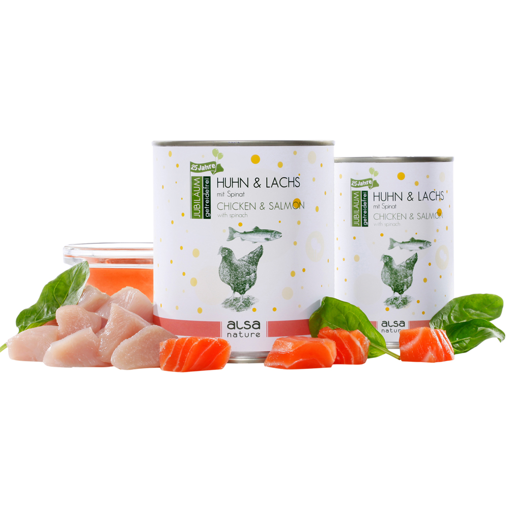 alsa-nature JUBILÄUMS-EDITION Huhn & Lachs, Anzahl: 12 x 400 g, 400 g, Hundefutter nass von alsa-nature