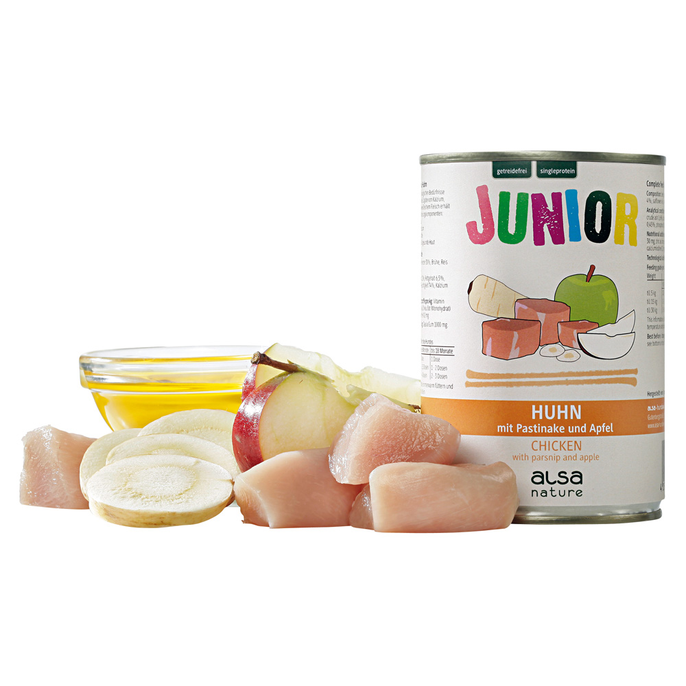 alsa-nature JUNIOR Huhn mit Pastinake & Apfel, Anzahl: 12 x 400 g, 400 g, Hundefutter nass von alsa-nature