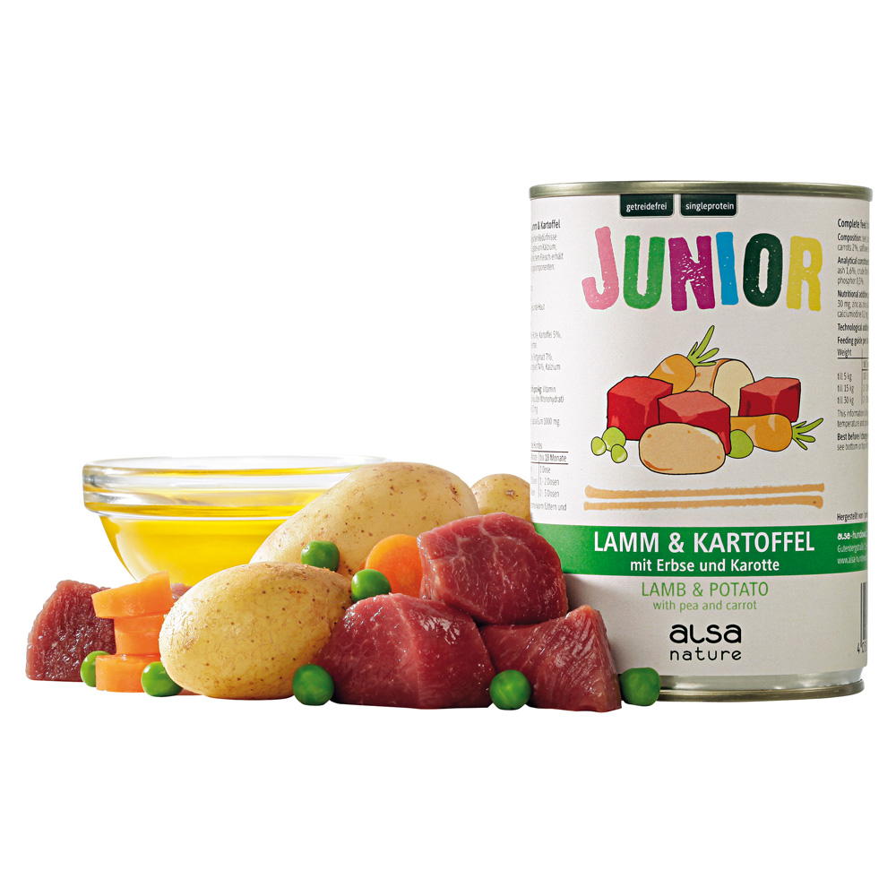 alsa-nature JUNIOR Lamm mit Kartoffel, Erbse & Karotte, Anzahl: 6 x 400 g, 400 g, Hundefutter nass alsa-nature JUNIOR Lamm mit Kartoffel, Erbse & Karotte, Anzahl: 6 x 400 g, 400 g, Hundefutter nass von alsa-nature