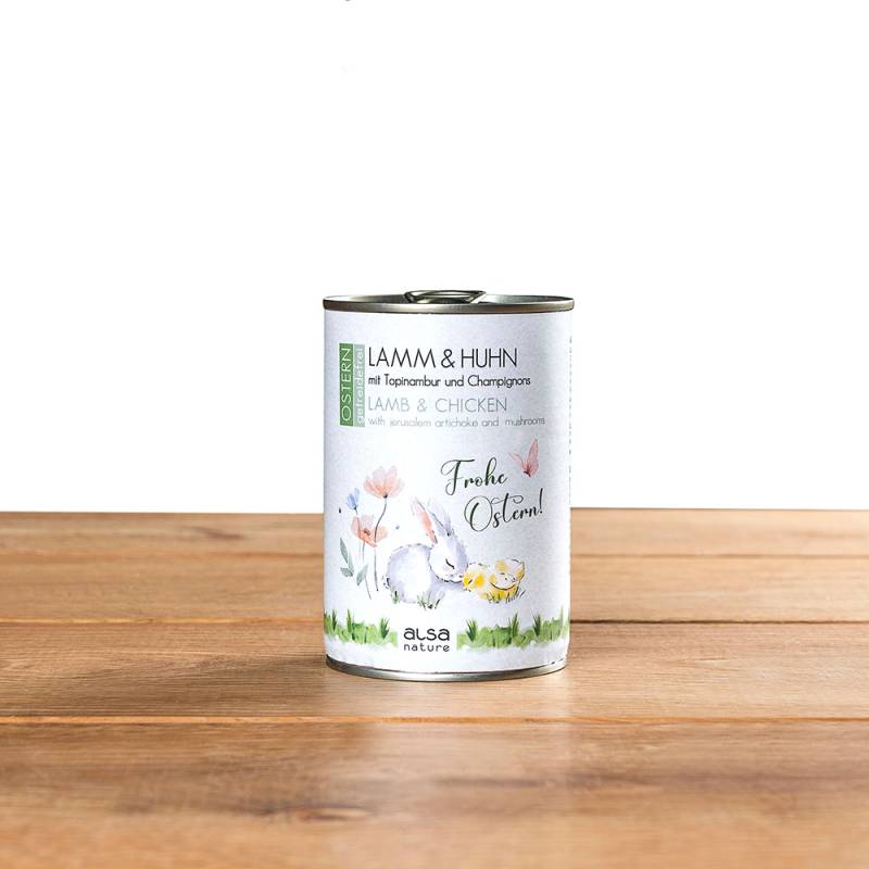 alsa-nature OSTERN Lamm & Huhn mit Topinambur und Champignons, Anzahl: 12 x 400 g, 400 g, Hundefutter nass von alsa-nature