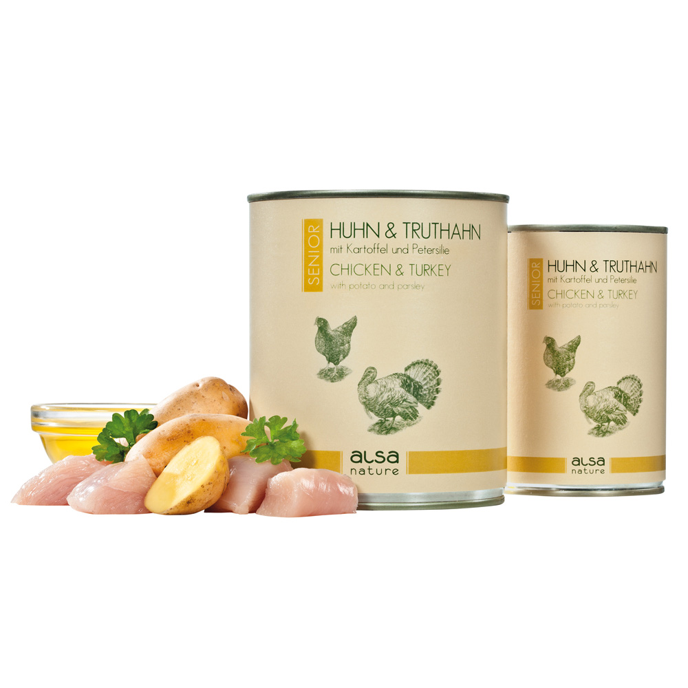 alsa-nature SENIOR Huhn & Truthahn mit Kartoffel und Petersilie, Anzahl: 12 x 800 g, 800 g, Hundefutter nass alsa-nature SENIOR Huhn & Truthahn mit Kartoffel und Petersilie, Anzahl: 12 x 800 g, 800 g, Hundefutter nass von alsa-nature