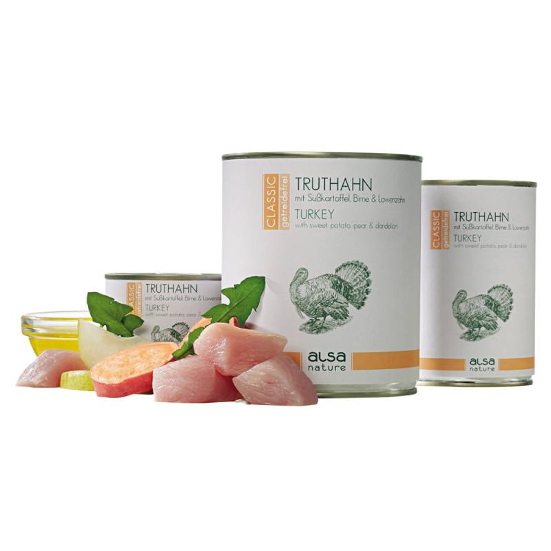 alsa-nature Truthahn mit Süßkartoffel, Birne & Löwenzahn, Anzahl: 12 x 200 g, 200 g, Hundefutter nass von alsa-nature
