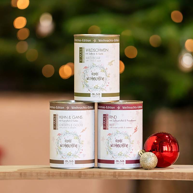 alsa-nature XMAS Dosen-Menü-Mix, Anzahl: 30 x 400 g, 400 g, Hundefutter nass alsa-nature XMAS Dosen-Menü-Mix, Anzahl: 30 x 400 g, 400 g, Hundefutter nass von alsa-nature
