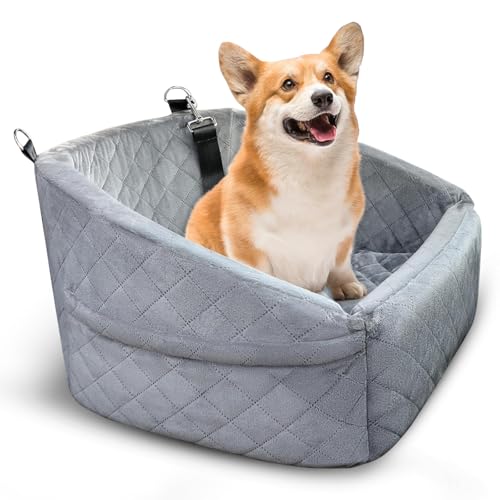 Ambrint Hundeautositz – Booster Autositz für kleine mittelgroße Hunde – abnehmbarer, waschbarer Haustierautositz mit Sicherheitsgurt & Aufbewahrungstaschen (Grau, Einheitsgröße) von ambrint