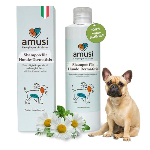 amusi Dermatitis-Hundeshampoo sensitiv mit Duft, 250 ml, hergestellt in Italien - Hundeshampoo gegen Juckreiz, beruhigende Wirkung für empfindliche Kopfhaut – ideal für alle Arten von Dermatitis von amusi