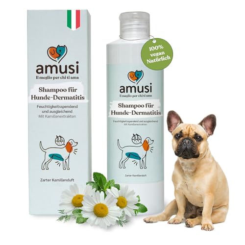 amusi Dermatitis-Hundeshampoo Sensitiv mit Duft, 250 ml, Hergestellt in Italien - Hundeshampoo Gegen Juckreiz, Beruhigende Wirkung für Empfindliche Kopfhaut – Ideal für alle Arten von Dermatitis von amusi