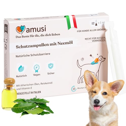 Schutzampullen mit Neemöl für Hunde - 12 Ampullen zu je 1 ml - Lang anhaltender und natürlicher Schutz mit Schild-Effekt von amusi