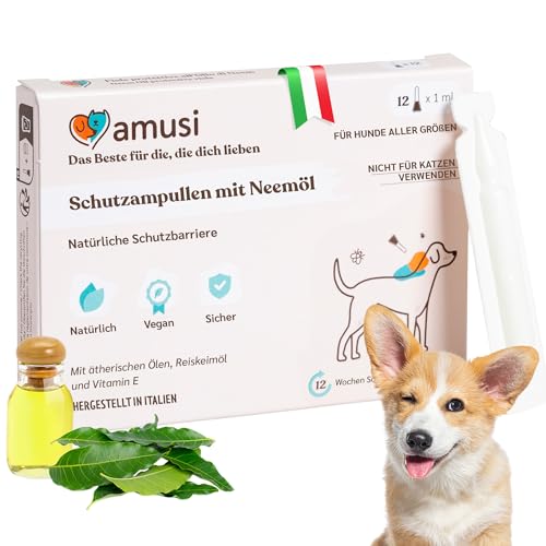 amusi Schutzampullen mit Neemöl für Hunde - 12 Ampullen zu je 1 ml - Gegen Zecken, Flöhe, Mücken, Läuse - Lang Anhaltender und Natürlicher Schutz mit Schild-Effekt amusi Schutzampullen mit Neemöl für Hunde - 12 Ampullen zu je 1 ml - Gegen Zecken, Flöhe, Mücken, Läuse - Lang Anhaltender und Natürlicher Schutz mit Schild-Effekt von amusi