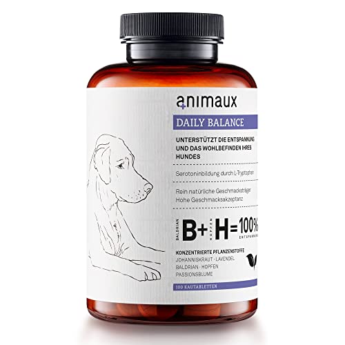 animaux Daily Balance – 100 Kautabletten – Pflanzliches Beruhigungs-Leckerli für Hunde bei Angst, Stress & Nervosität, mit Baldrian, Johanniskraut & Lavendel von animaux