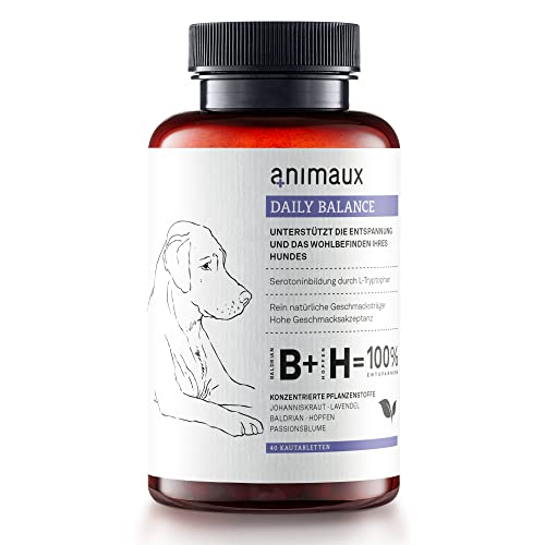 animaux Daily Balance Dogs – Futterergänzungsmittel für Hunde zur Beruhigung & Entspannung, Baldrian Johanniskraut Lavendel, Pflanzliches Leckerli bei Angst, Stress & Nervosität, 40 Kau-Tabletten von animaux