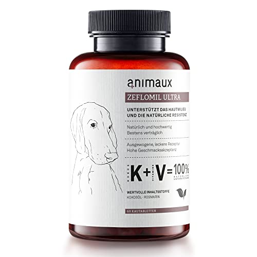 animaux Zeflomil Ultra Dogs – Futterergänzungsmittel für Hunde, für die Abwehrkräfte der Haut, natürliches Leckerli mit Rosmarin, Wermut & Kokosöl zur Stärkung des Immunsystems, 60 Kau-Tabletten von animaux