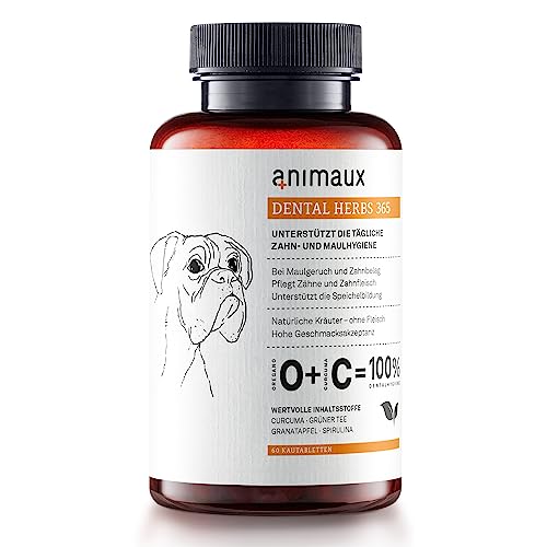 Zahnpflege Hund - 60 Kautabletten - Zahnreinigung zur Vorbeugung von Zahnstein & Maulgeruch - Ergänzungsfuttermittel mit Curcuma, Grüner Tee & Spirulina - animaux Dental Herbs 365 Dogs von animaux