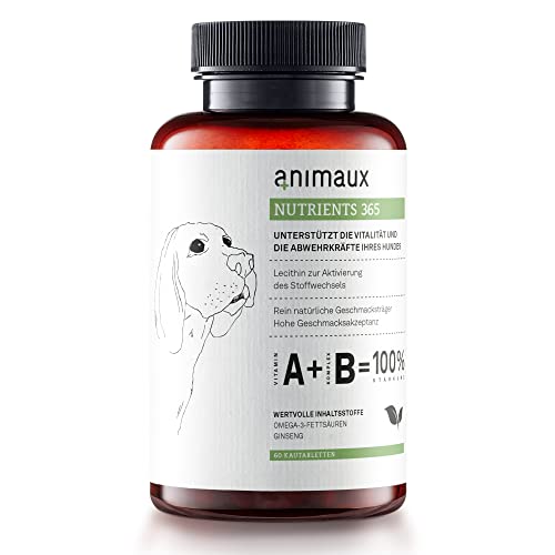 Vitamine für Hunde - 60 Kau-Tabletten - Leckerlies für Stoffwechsel, Immunsystem, Abwehrkräfte & Fell - Futterergänzung mit Vitamin B Komplex, Omega 3, Ginseng & mehr - animaux nutrients 365 Dogs von animaux