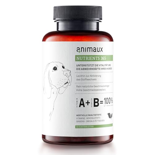 Vitamine für Hunde - 60 Kau-Tabletten - Leckerlies für Stoffwechsel, Immunsystem, Abwehrkräfte & Fell - Futterergänzung mit Vitamin B Komplex, Omega 3, Ginseng & mehr - animaux nutrients 365 Dogs von animaux