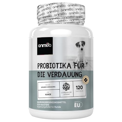 animigo Probiotika für die Verdauung bei Hunden - 120 Darm Kapseln - Unterstützt Darmgesundheit, Magen Darmflora - Mit Lactobacillus, Leinsamen & Prebiotika - Darmreinigung & Verdauungsenzyme Hund von animigo