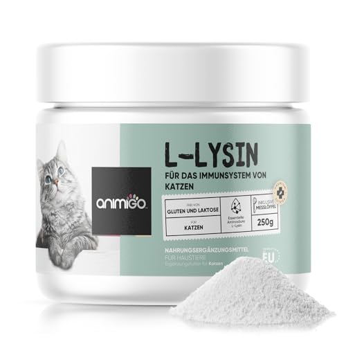 animigo L-Lysin für Katzen - 250g Pulver - Reine Aminosäure L-Lysin für die Katzenschnupfen, Immunsystem, Abwehrkräfte und Wohlbefinden Ihrer Katzen - Natürliche Zutaten & Vitamine für Katzen von animigo
