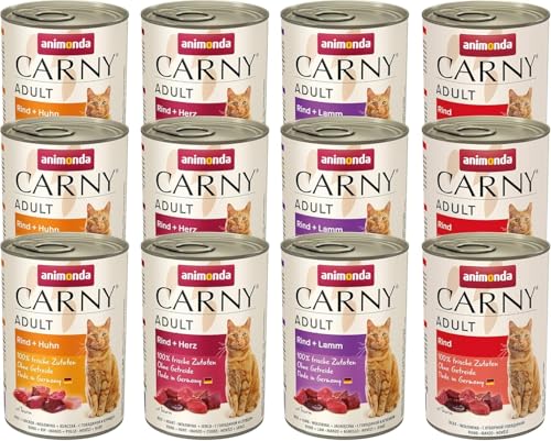 Carny Katzen Nassfutter Mix Herzhafte Variation (12 x 400g), Katzen Nassfutter ohne Getreide und Zucker für ausgewachsene Katzen von animonda mit frischen fleischlichen Zutaten von animonda Carny
