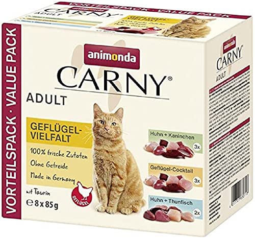 animonda Carny Katzenfutter Adult, Nassfutter für ausgewachsene Katzen, getreidefreies Katzenfutter im Frischebeutel, Geflügel-Vielfalt, zuckerfrei, 8 x 85 g von animonda Carny