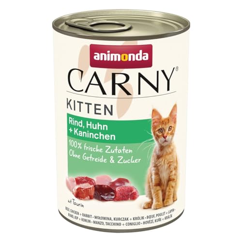 Carny Katzen Nassfutter Kitten Rind + Huhn + Kaninchen (12 x 400g), Kitten Katzen Nassfutter ohne Getreide und Zucker von animonda für wachsende Kätzchen bis 1 Jahr, mit frischen Zutaten von animonda Carny