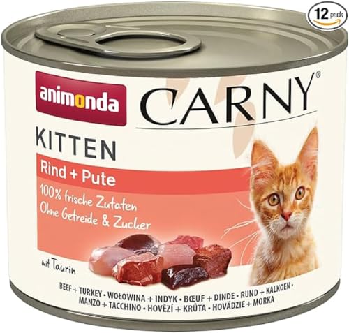 Carny Katzen Nassfutter Kitten Rind + Pute (12 x 200g), Kitten Katzen Nassfutter ohne Getreide und Zucker von animonda für wachsende Kätzchen bis 1 Jahr, mit frischen Zutaten von animonda Carny