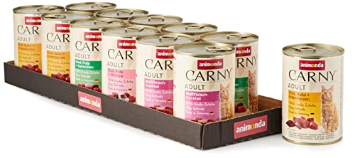 animonda Carny Katzen Nassfutter Mix Kräftiger Variation (12 x 400g), getreidefreies Katzennassfutter ohne Zucker für ausgewachsene Katzen mit frischen fleischigen Zutaten von animonda Carny