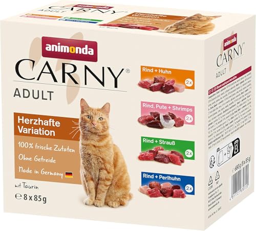 animonda Carny Adult Herzhafte Variation (8 x 85 g), Katzennassfutter für ausgewachsene Katzen, Nassfutter mit 100 % frischen, fleischlichen Zutaten, Katzenfutter ohne Getreide und Zucker von animonda Carny