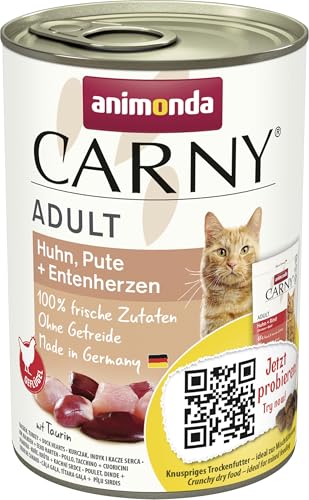 Carny Katzen Nassfutter Huhn + Pute + Entenherzen (6 x 400g), Katzen Nassfutter von animonda ohne Getreide und Zucker, mit frischen fleischlichen Zutaten von animonda Carny