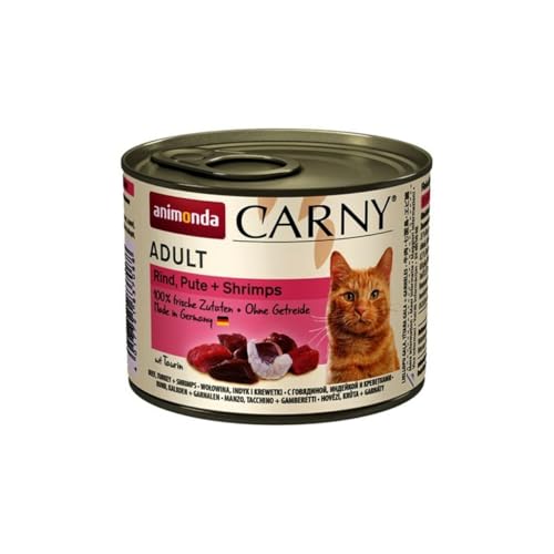 animonda Carny Adult Katzenfutter, Nassfutter für ausgewachsene Katzen, Rind, Pute + Shrimps, 6 x 200 g von animonda Carny