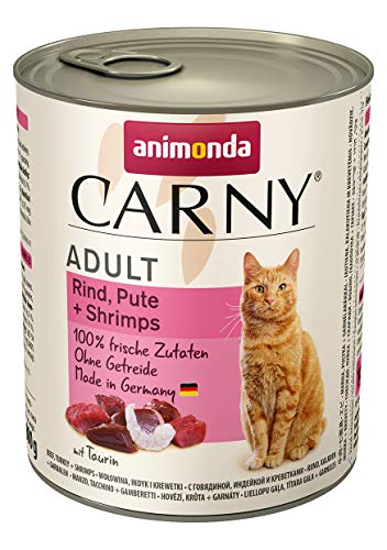 animonda Carny Adult Katzenfutter, Nassfutter für ausgewachsene Katzen, Rind, Pute + Shrimps, 6 x 800 g von animonda Carny