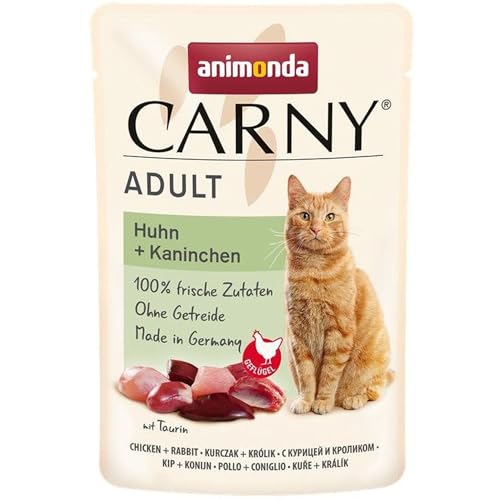 Carny Katzenfutter nass Pouch Huhn + Kaninchen (12 x 85g), Katzen Nassfutter ohne Getreide und Zucker für ausgewachsene Katzen von animonda mit frischen fleischlichen Zutaten von animonda Carny