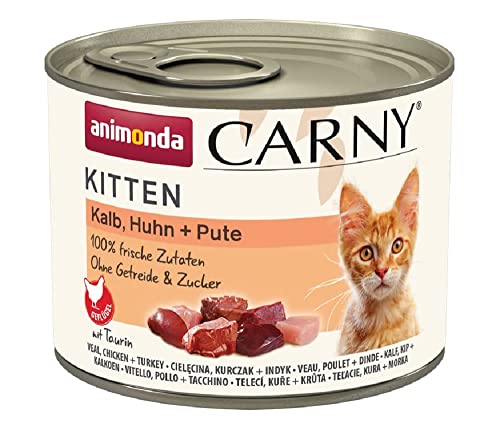animonda Carny Katzen Nassfutter Kitten Kalb + Huhn + Pute (12 x 200g), Kitten getreidefreies Katzennassfutter ohne Zucker für wachsende Kätzchen bis 1 Jahr, mit frischen Zutaten von animonda Carny