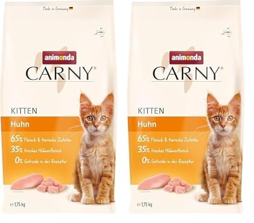 animonda Carny Kitten Huhn (1,75 kg), Kitten Trockenfutter für wachsende Kätzchen, Katzenfutter ohne Getreide und Zucker, Katzentrockenfutter mit 65% Fleisch und tierischen Zutaten (Packung mit 2) von animonda Carny