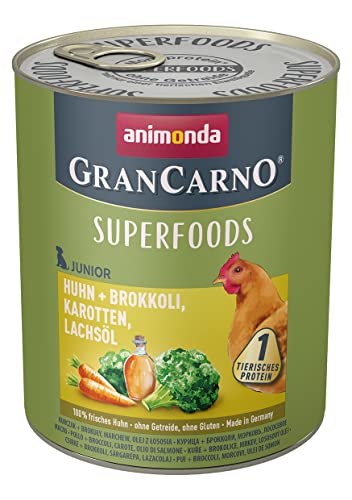 animonda GranCarno Junior Superfoods Hundefutter, Nassfutter für Hunde im Wachstum, Huhn + Brokkoli, Karotten, Lachsöl, 6 x 800 g von animonda Gran Carno Superfoods Hundefutter Nass