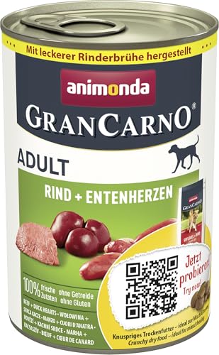 GranCarno Hunde Nassfutter mit Rind + Entenherzen (6 x 400 g), Hundefutter nass ohne Getreide und Zucker von animonda, für ausgewachsene Hunde, mit frischen fleischlichen Zutaten von Grancarno