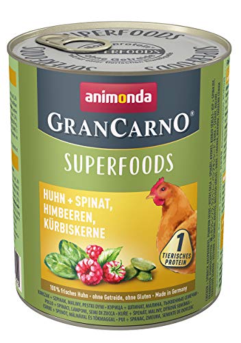 animonda Gran Carno adult Superfoods Hundefutter, Nassfutter für ausgewachsene Hunde, Huhn + Spinat, Himbeeren, Kürbiskerne, 6 x 800 g, 6er Pack (6 x 0.8 kilograms) von animonda Vom Feinsten