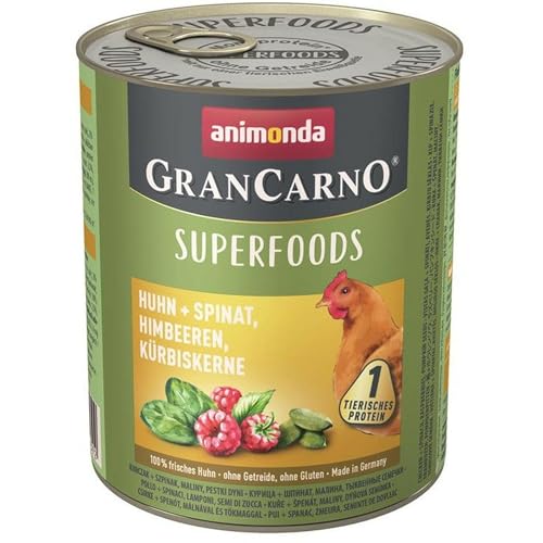 animonda Gran Carno adult Superfoods Hundefutter, Nassfutter für ausgewachsene Hunde, Huhn + Spinat, Himbeeren, Kürbiskerne, 6 x 800 g, 6er Pack (6 x 0.8 kilograms) von animonda Vom Feinsten