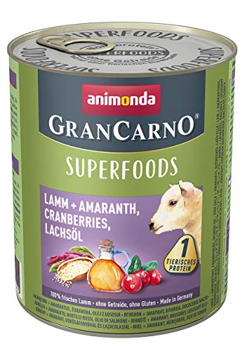 animonda Gran Carno adult Superfoods Hundefutter, Nassfutter für ausgewachsene Hunde, Lamm + Amaranth, Cranberries, Lachsöl, 6 x 800 g, 6er Pack (6 x 0.8 kilograms) von animonda Vom Feinsten