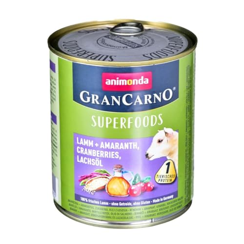GranCarno Hunde Nassfutter Superfoods Lamm + Amaranth (6 x800g), Hundefutter nass ohne Getreide und Zucker von animonda, für ausgewachsene Hunde, mit frischen fleischlichen Zutaten von Grancarno